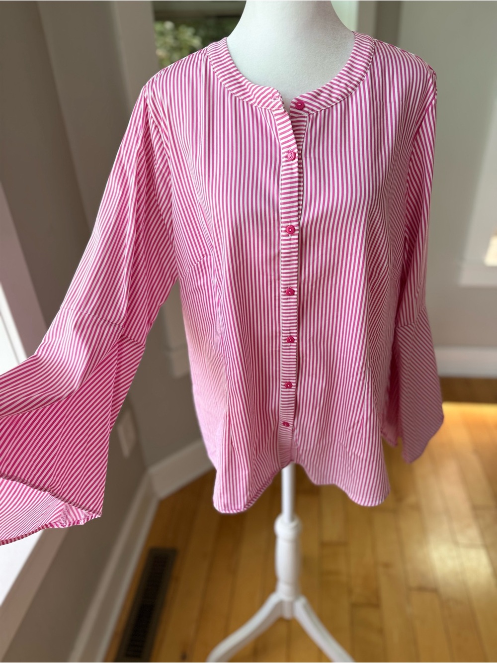 Vintage Linea by Louis Dell'Olio Pink White Striped Collarless Button Down Shirt